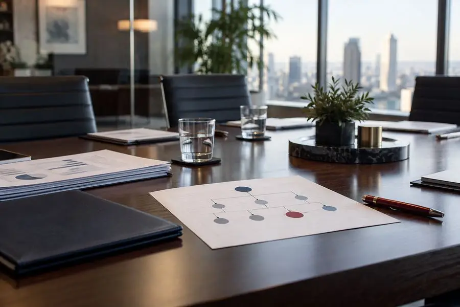 Boardroom table with governance documents
